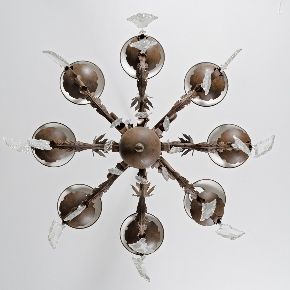 Eight Arm Metal and Glass Chandelier