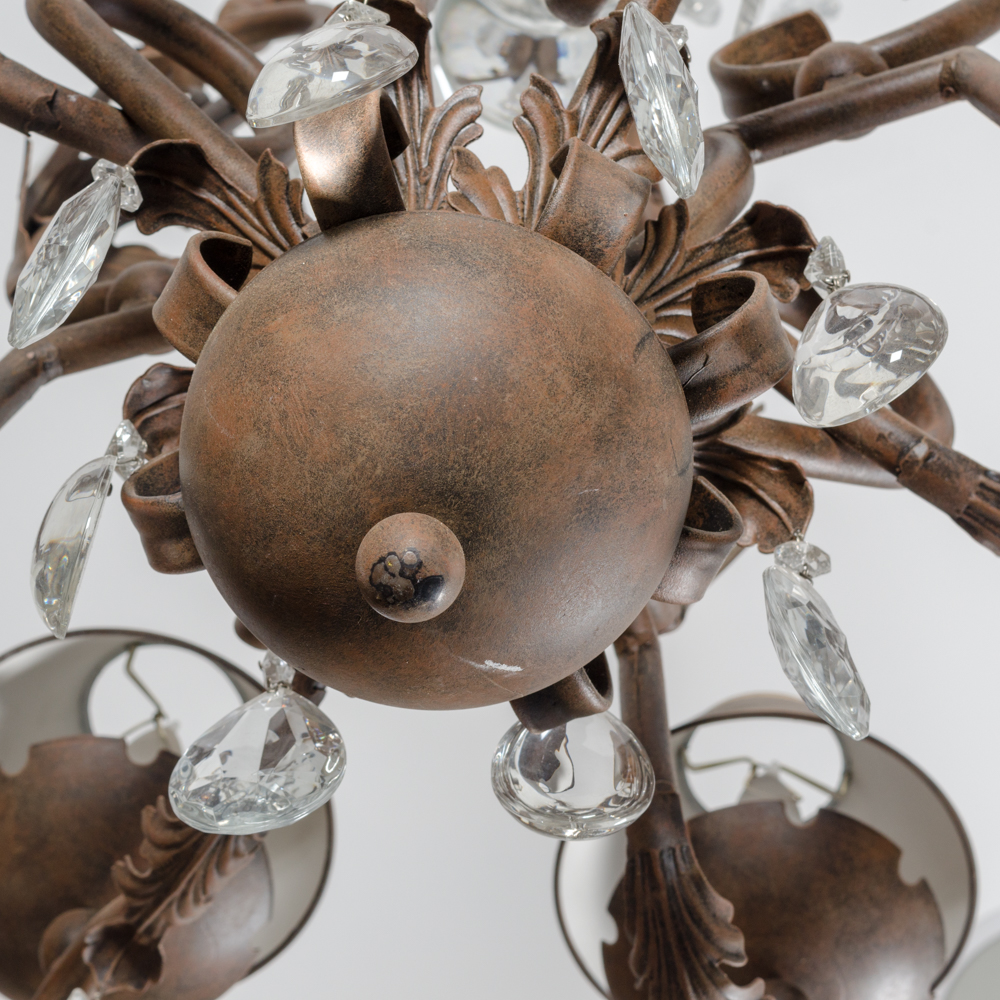 Eight Arm Metal and Glass Chandelier