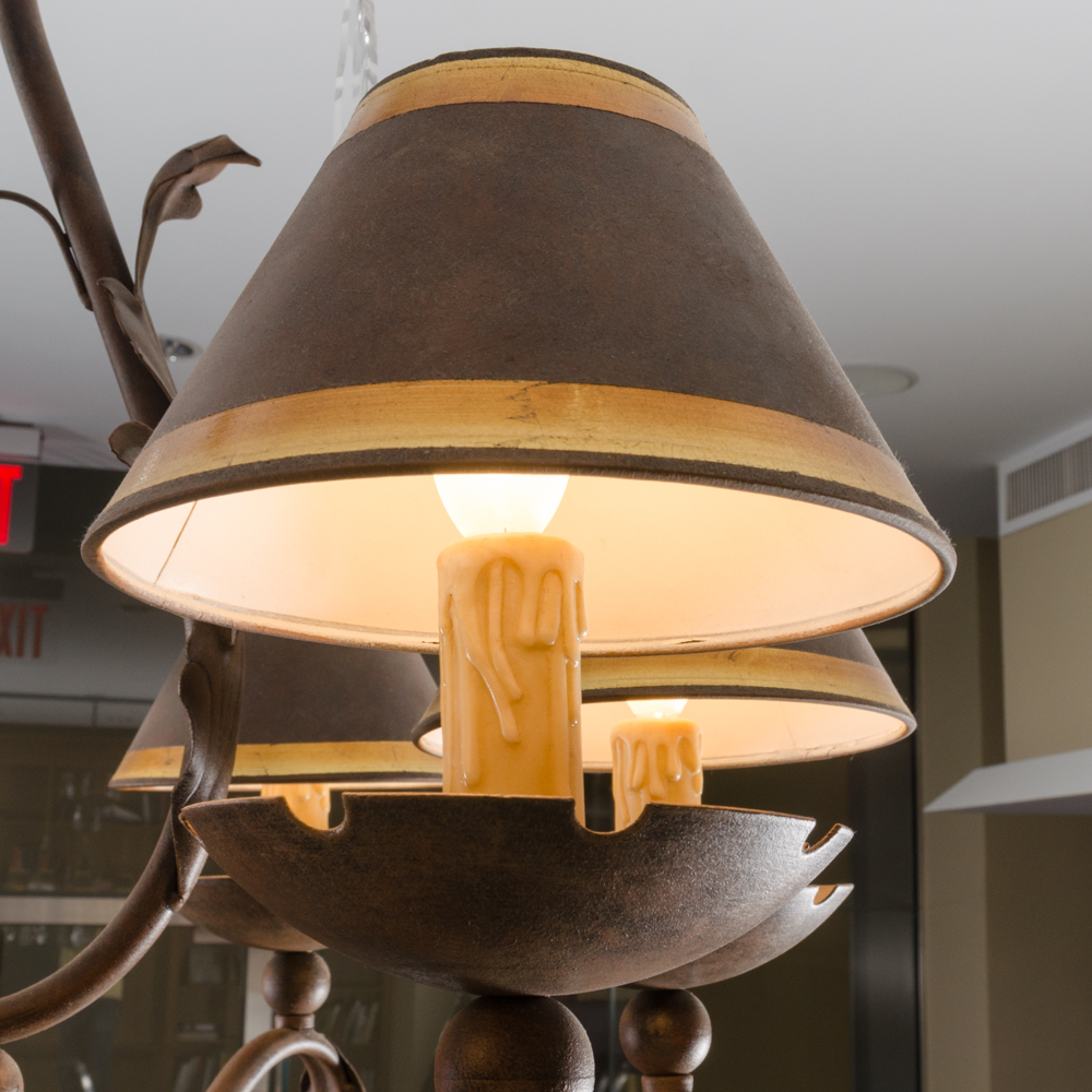 Eight Arm Metal and Glass Chandelier