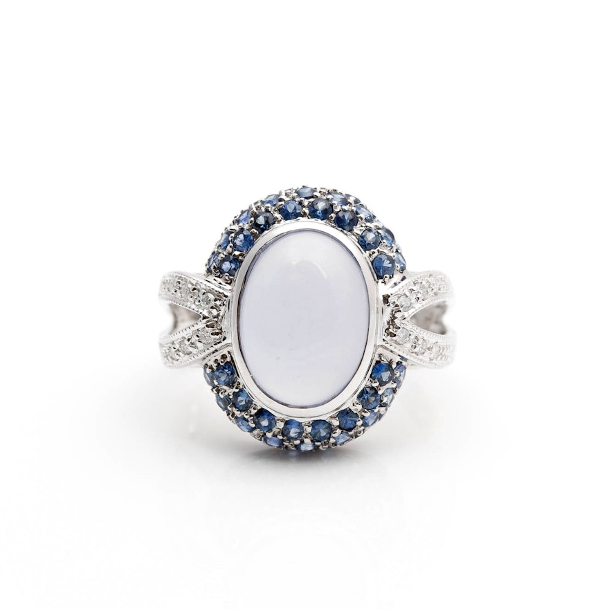 14K White Gold Chalcedony, Sapphire, and Diamond Ring