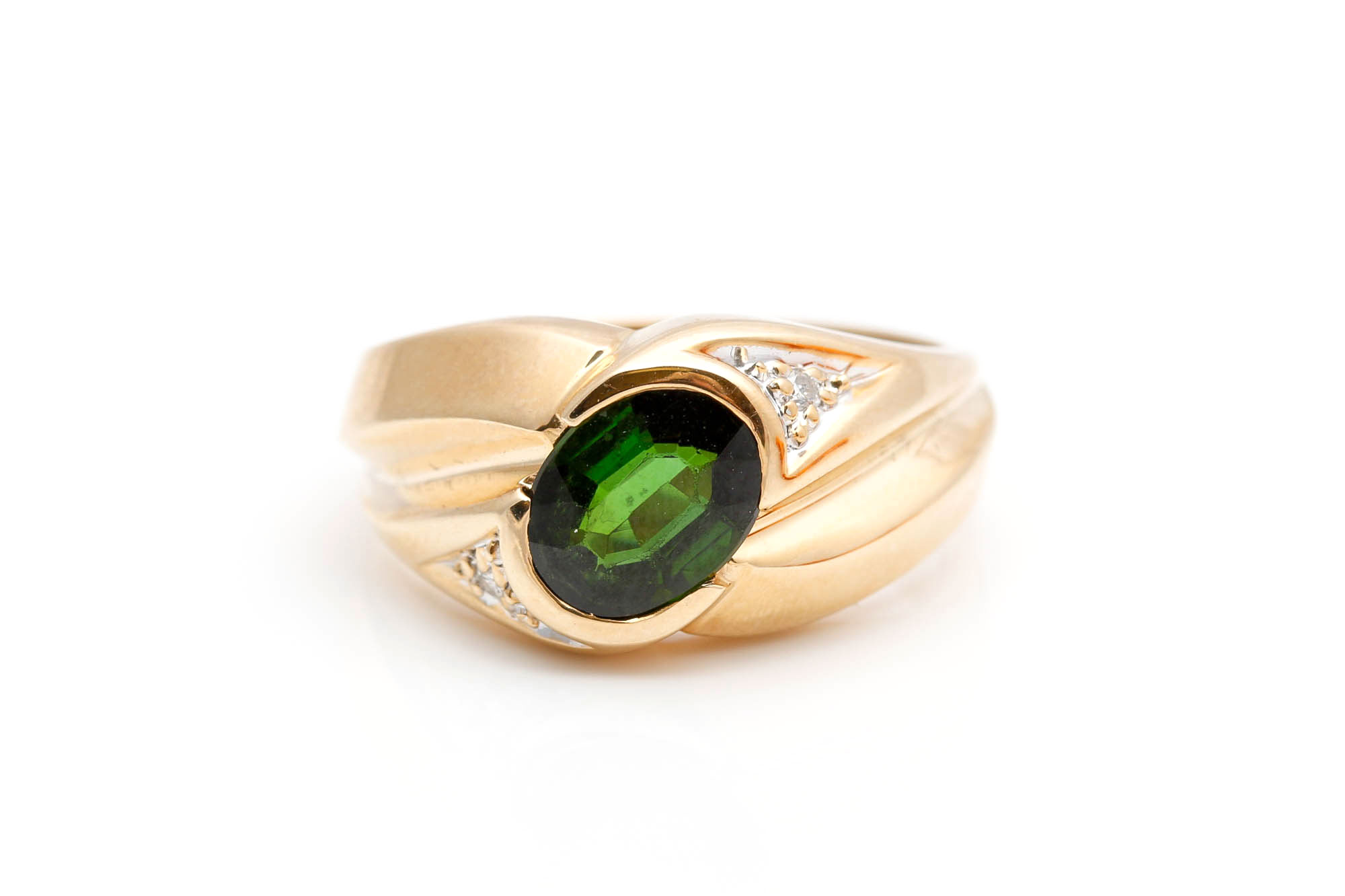 14K Yellow Gold Green Tourmaline and Diamond Ring