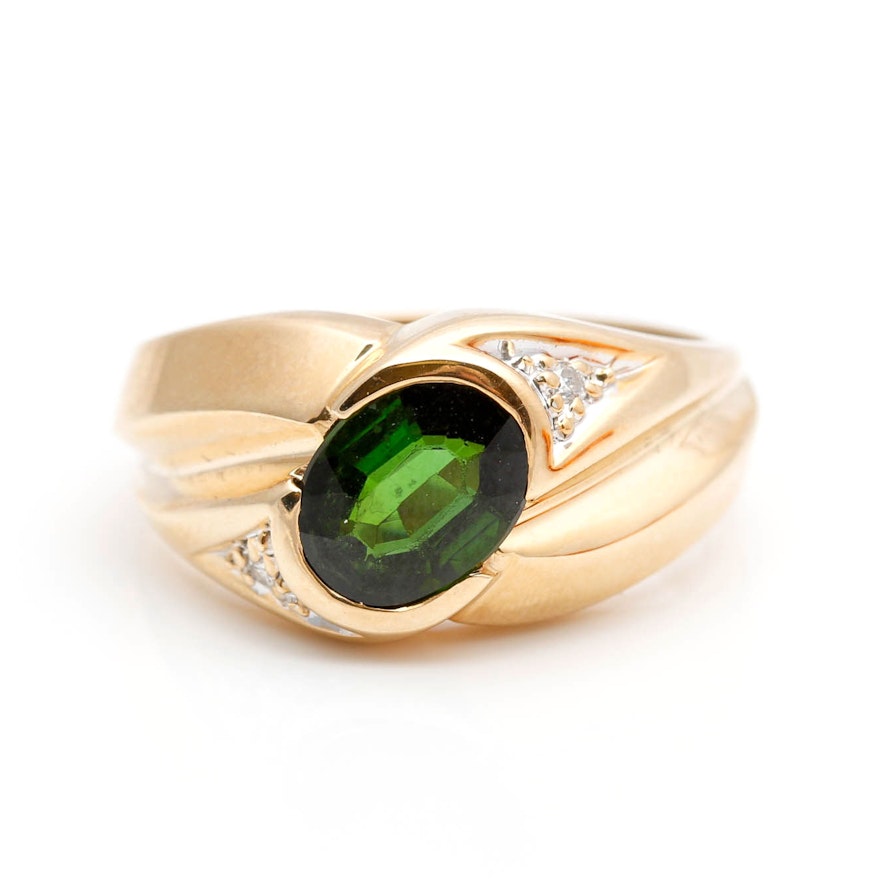 14K Yellow Gold Green Tourmaline and Diamond Ring