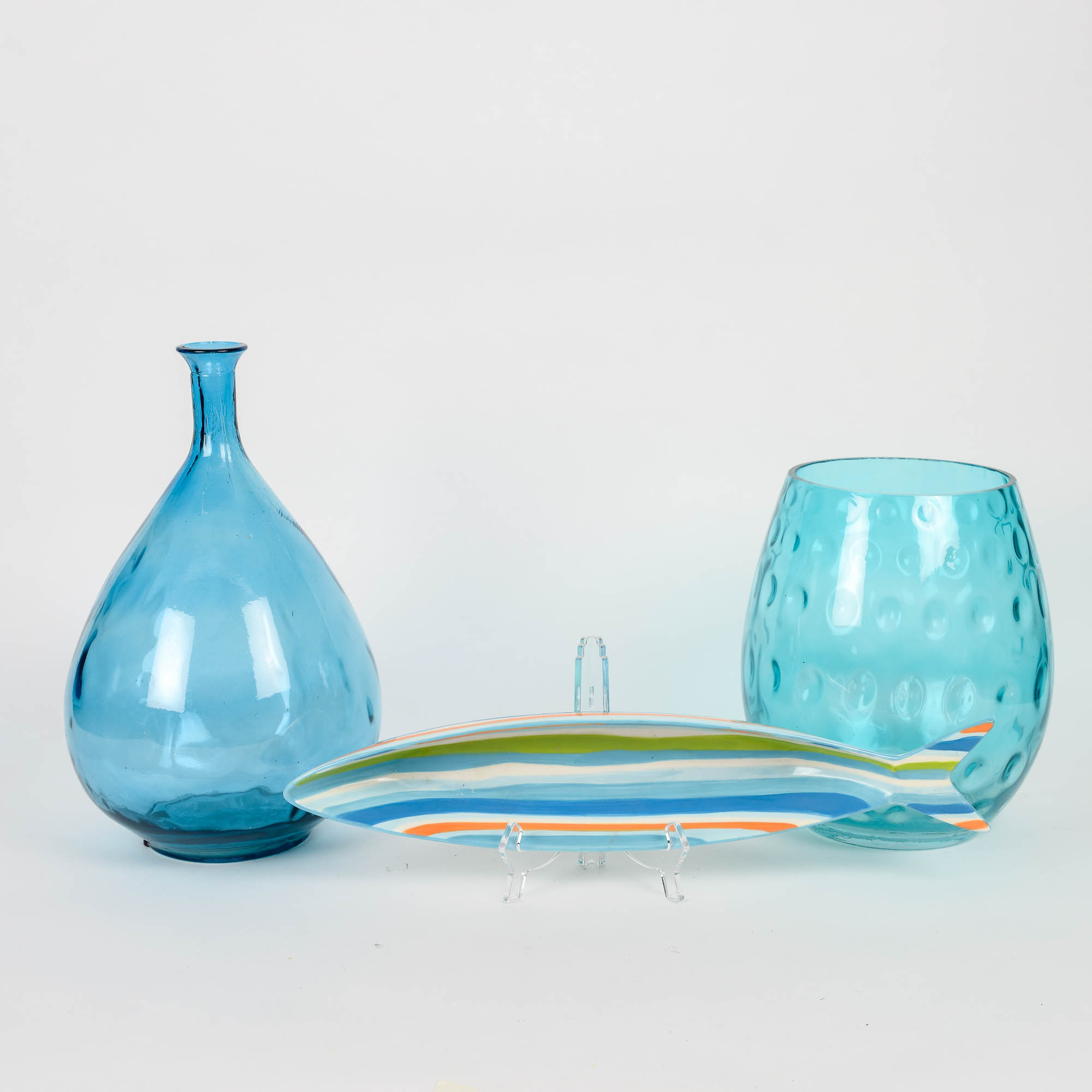 Pair of Blue Glass Vases with Striped Ceramic Fish Dish