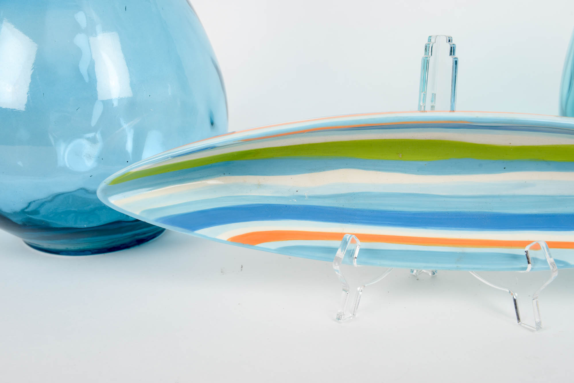 Pair of Blue Glass Vases with Striped Ceramic Fish Dish