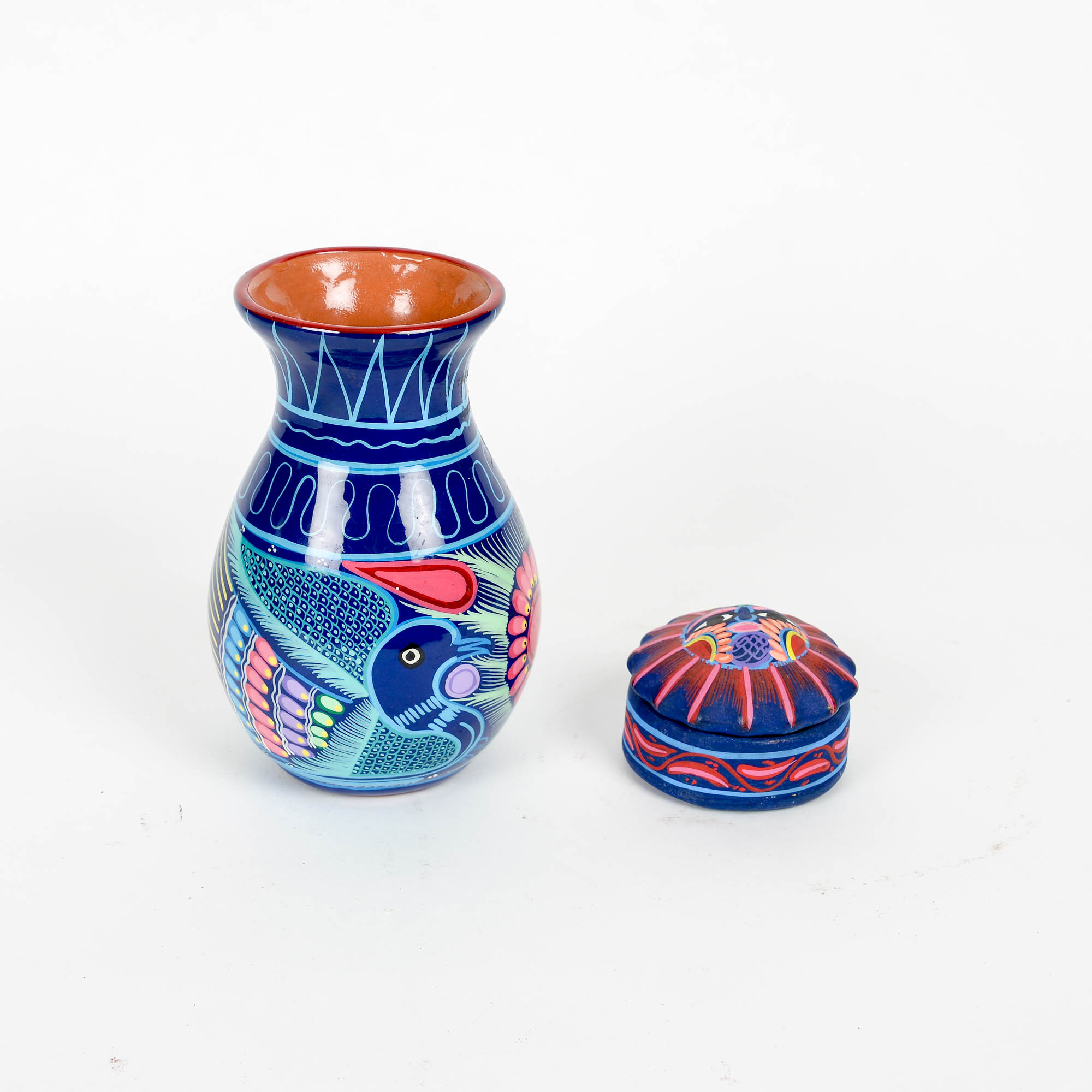 Hand Painted Mexican Vase and Trinket Box