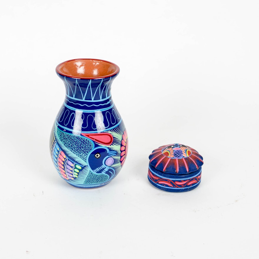 Hand Painted Mexican Vase and Trinket Box