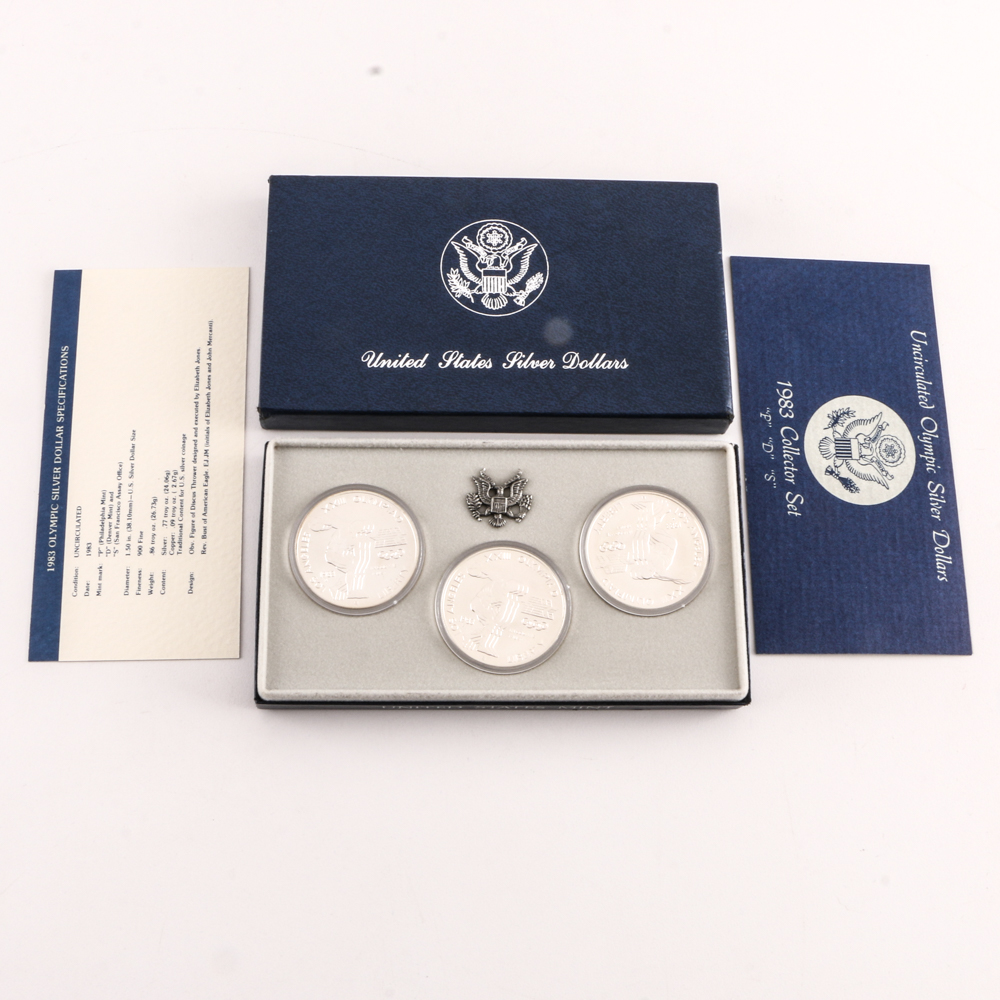 Set of Three 1983 Los Angeles Olympics Commemorative Silver Dollars
