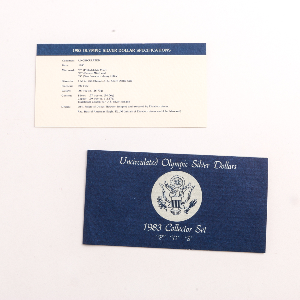 Set of Three 1983 Los Angeles Olympics Commemorative Silver Dollars