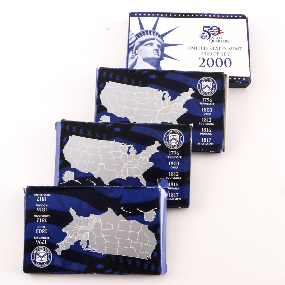2000 U.S. Mint Proof Set and Three 2002 Statehood Quarters Proof Sets