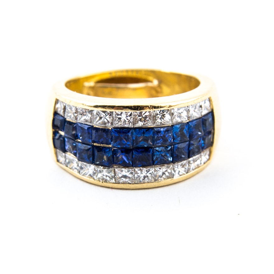 18K Yellow Gold, Blue Sapphire, and Diamond Ring