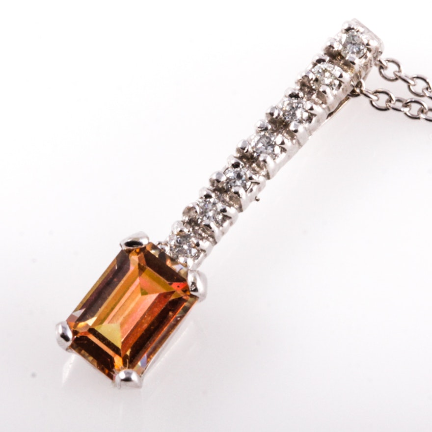 14K White Gold, Orange Mystic Topaz, and Diamond Pendant Necklace