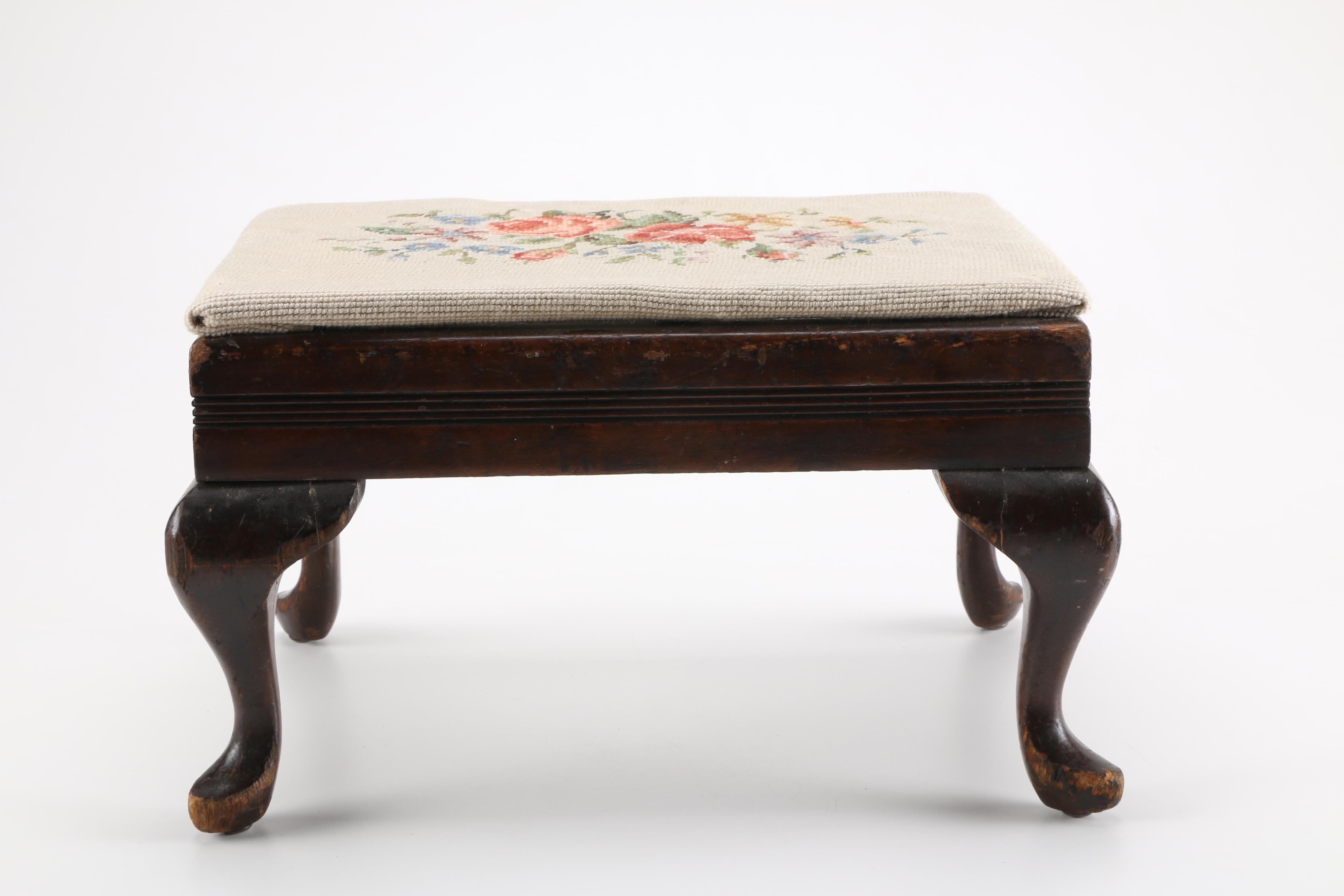 Queen Anne Style Needlepoint Upholstery Stool
