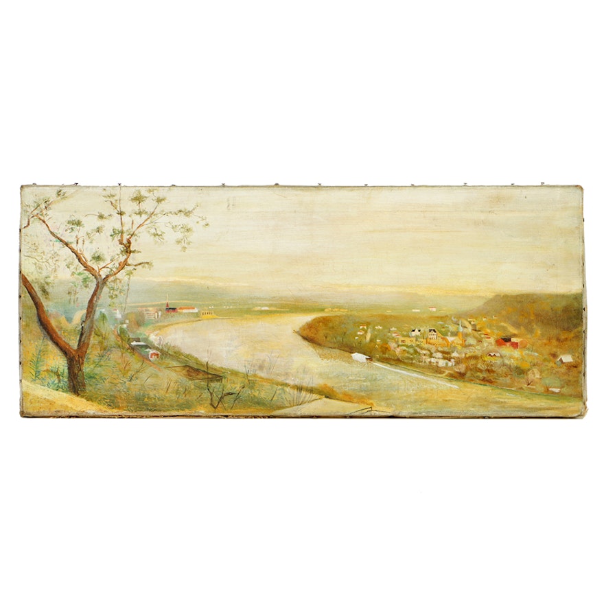 Folk Art Oil Painting on Canvas of Mt. Adams and the Ohio River