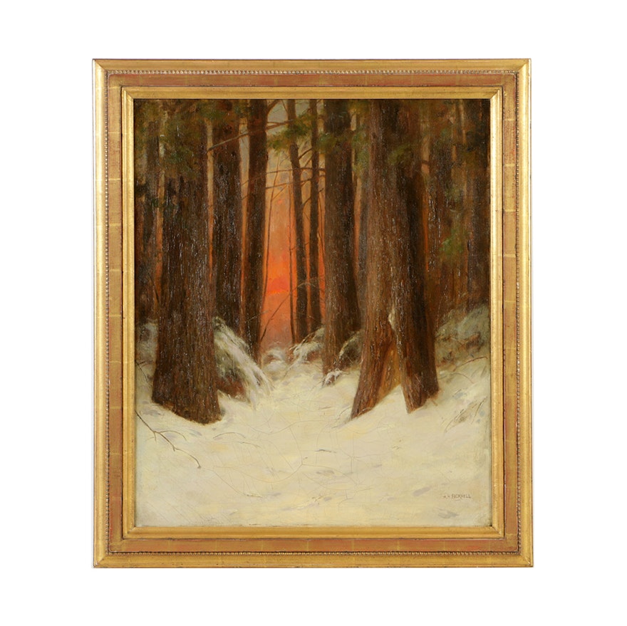 Albion Harris Bicknell Oil Painting on Canvas "Sundown in Winter"