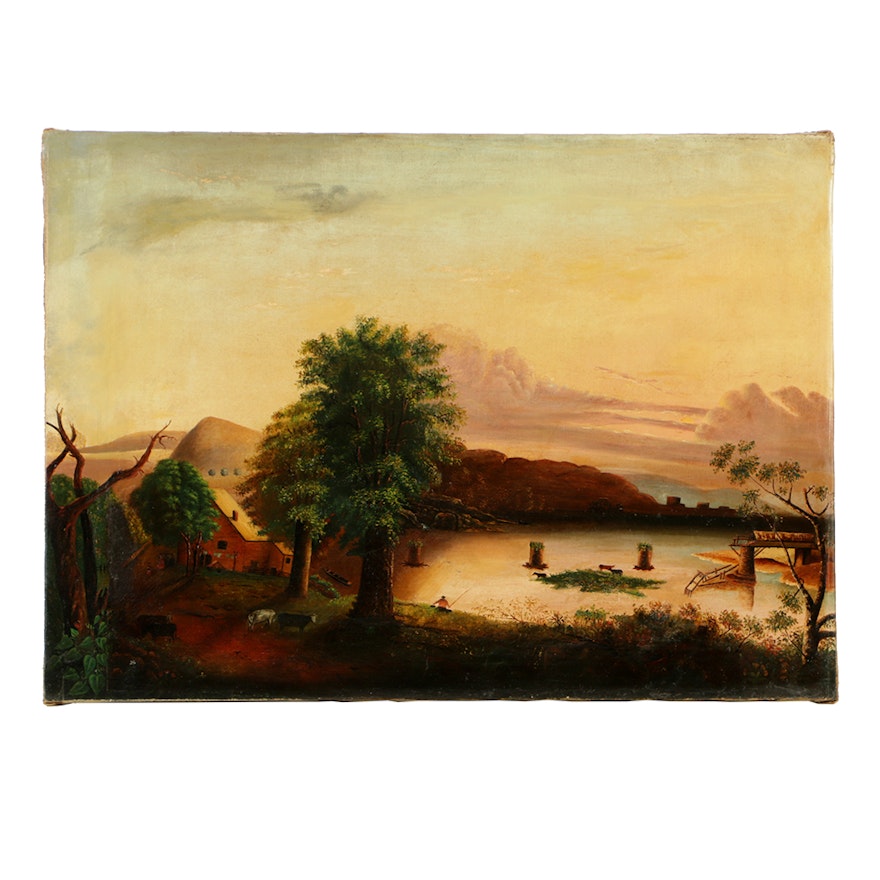 19th-Century Oil Painting on Canvas Romantic Landscape