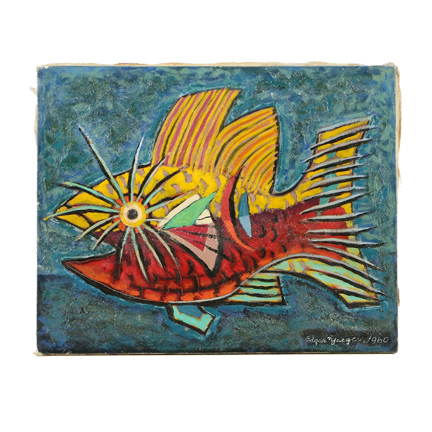 Original Oil Painting of Fanciful Fish by Edger Yeager Dated 1960