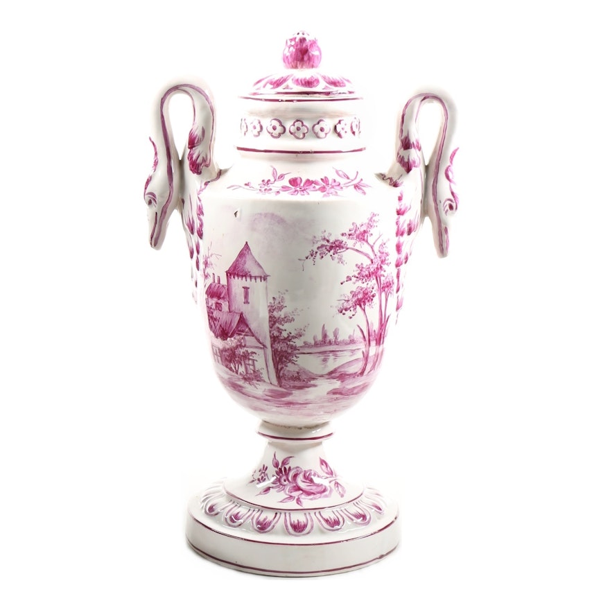 Late 19th Century French Faience Urn with Swan Handles