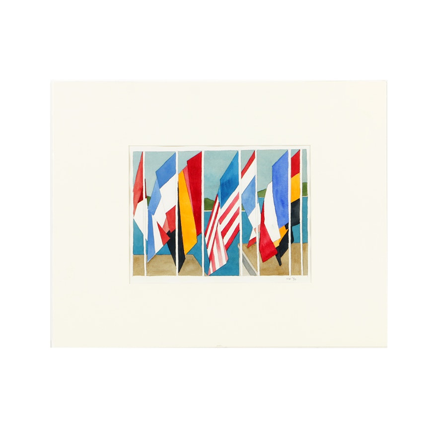 Robert Hermann Original Watercolor "Flags", 1990