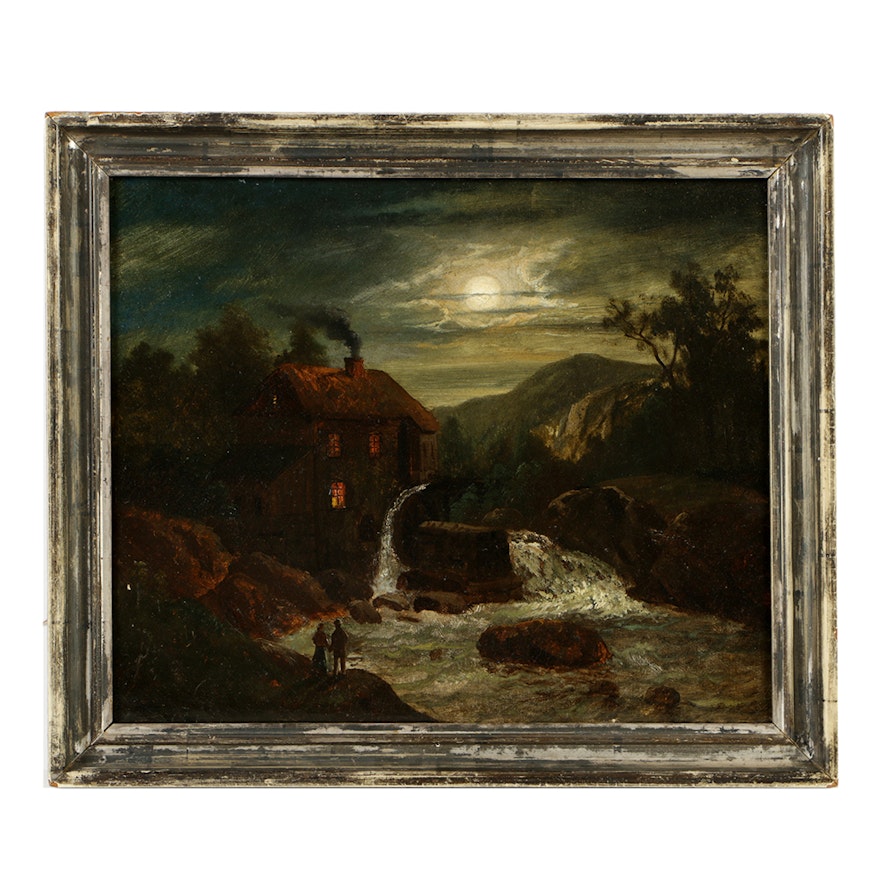 "Night Mill" Original Oil Painting by Henry W. Kemper (1833-1894)