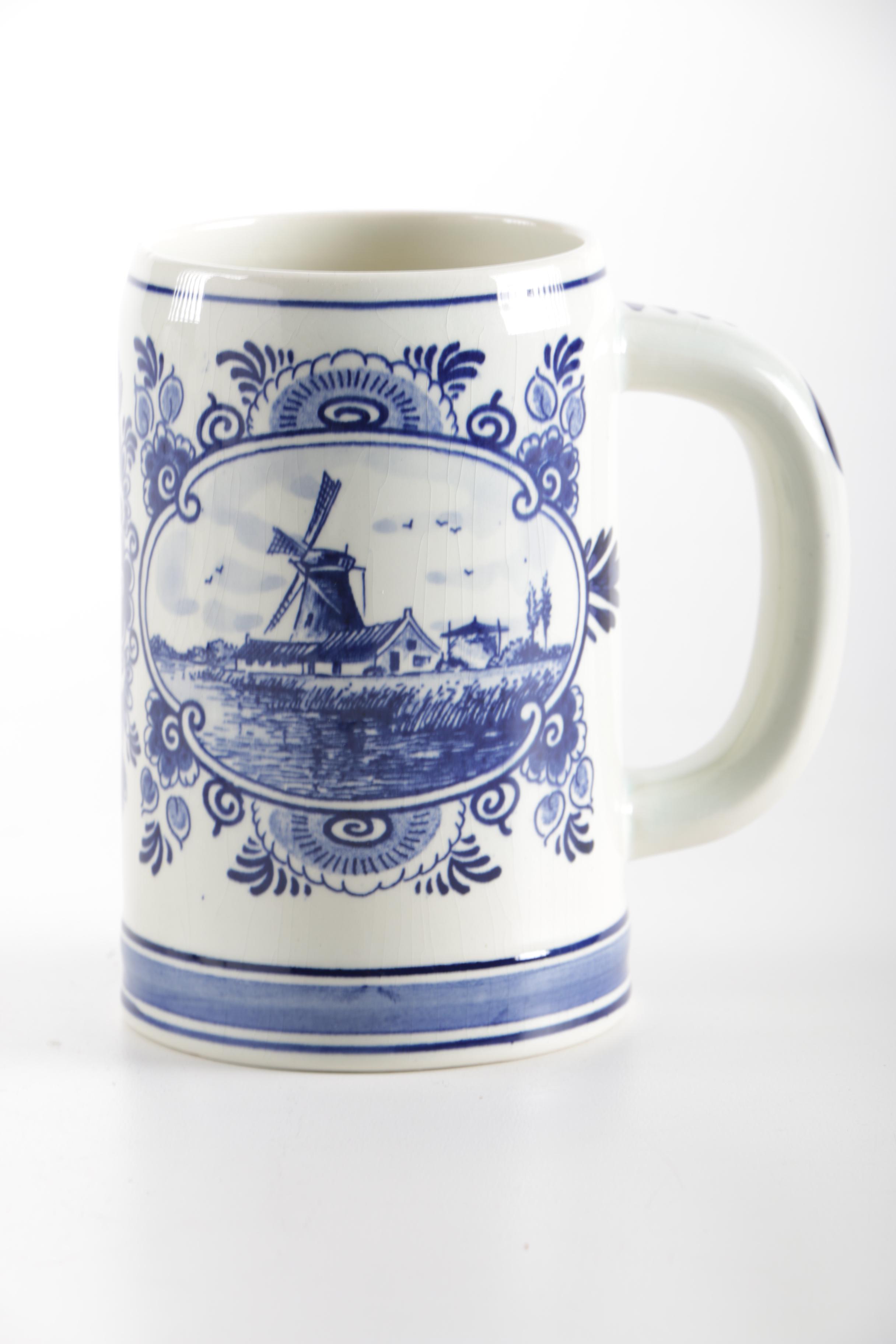 Pair of Hand-Painted Delft Blue Mugs