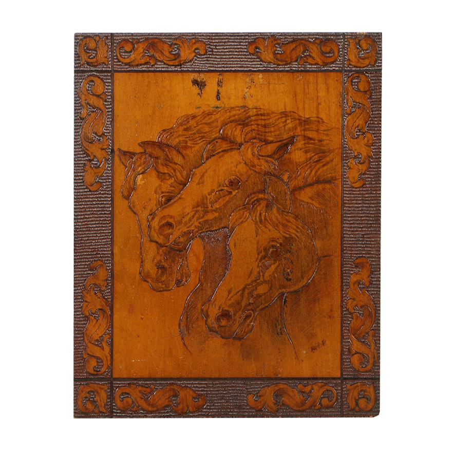 Rud Smitt Flemish Pyrography Wood Plaque of Horses