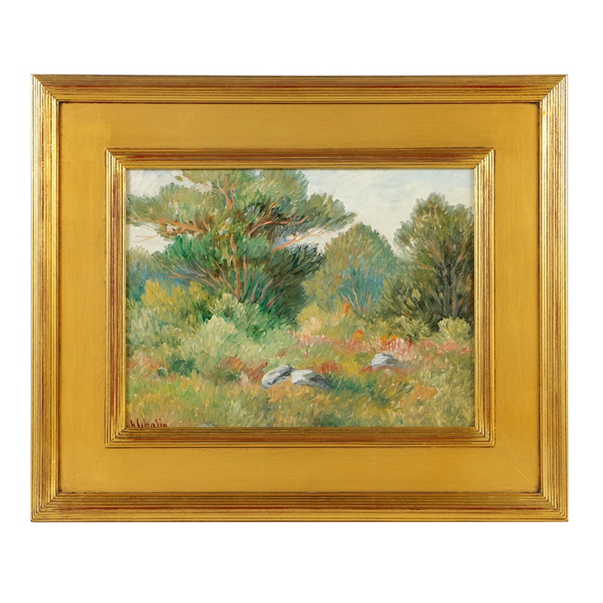 20th-Century Oil Painting on Board of Lush Landscape