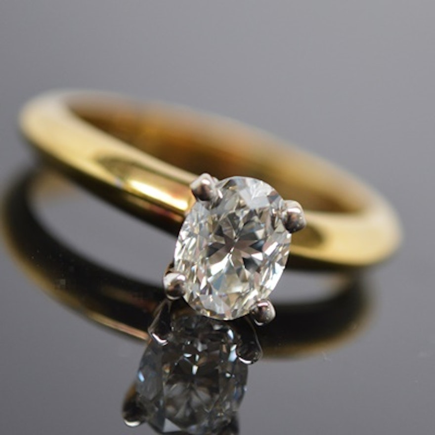 18K Yellow Gold Faceted Oval Diamond Solitaire Ring