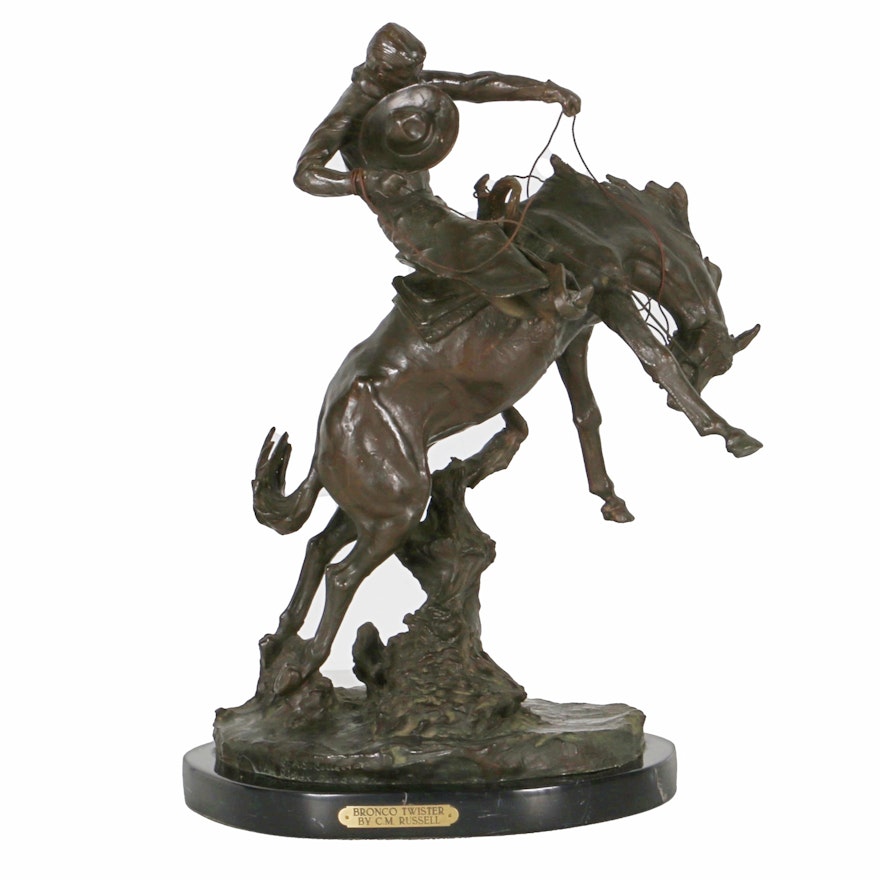 "Bronco Twister" Bronze Sculpture After C.M. Russell