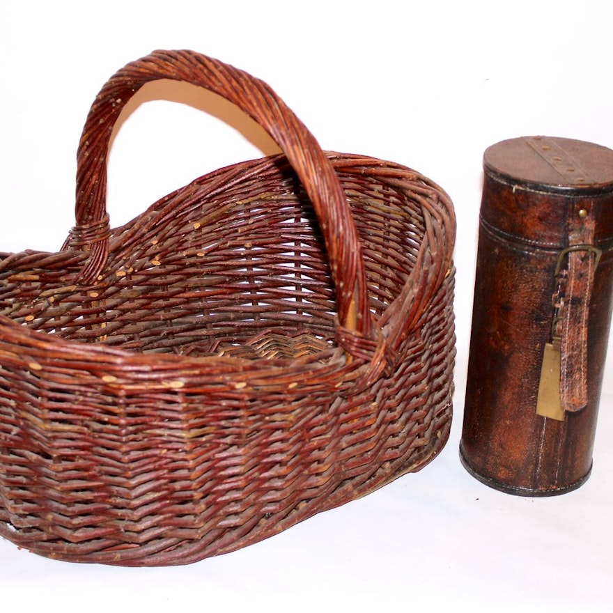 Vintage COACH Leather Bottle Case with Wicker Basket