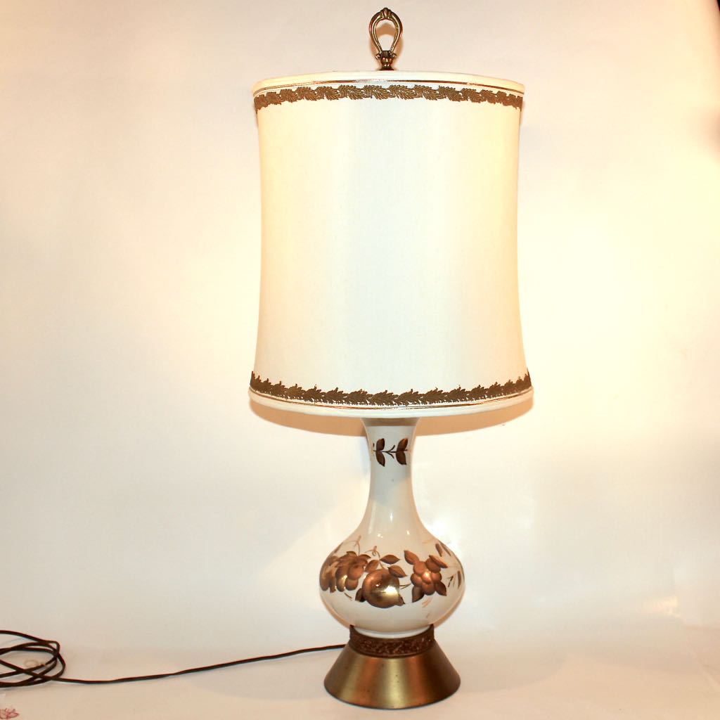 Mid-Century Hand Painted White Ceramic Table Lamp
