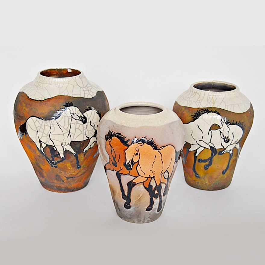 Signed Raku Vases with Horse Decoration