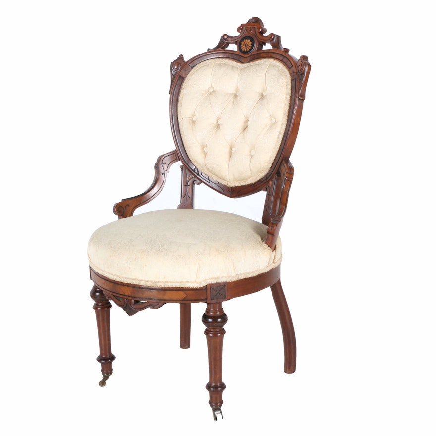 Victorian Parlor Chair with Heart Shaped Back in Beige Upholstery