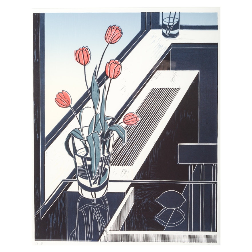 Emily Trueblood Artist's Proof Linocut Still-life With Tulips