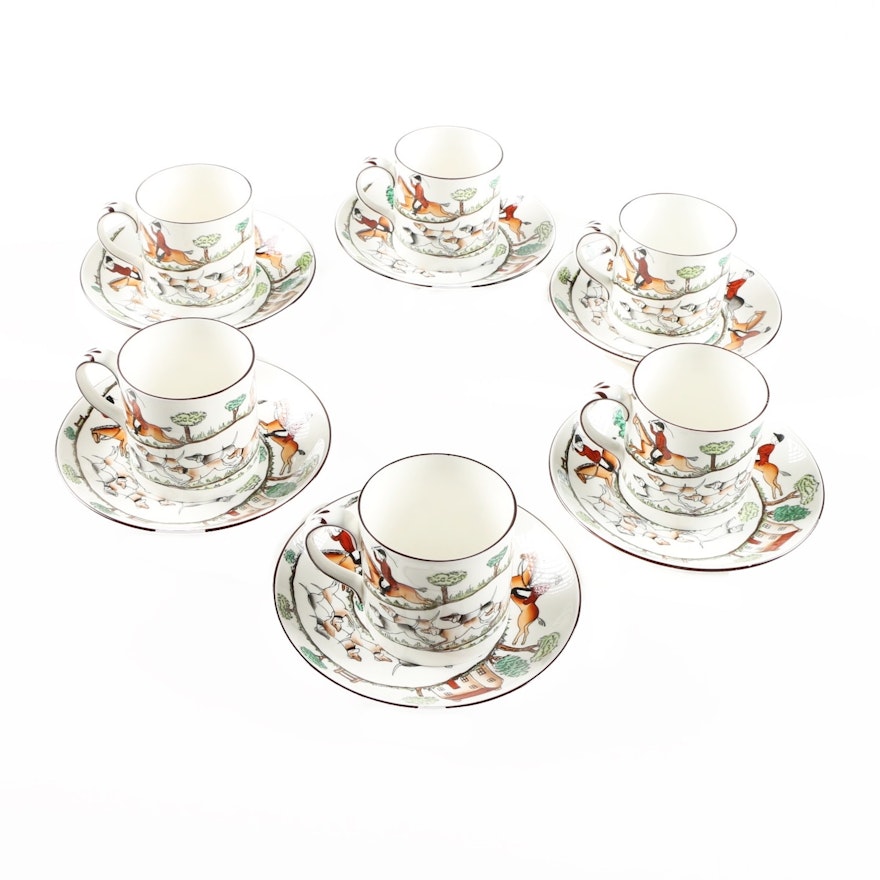 Set of Six Crown Staffordshire "Hunting Scene" Cups and Saucers