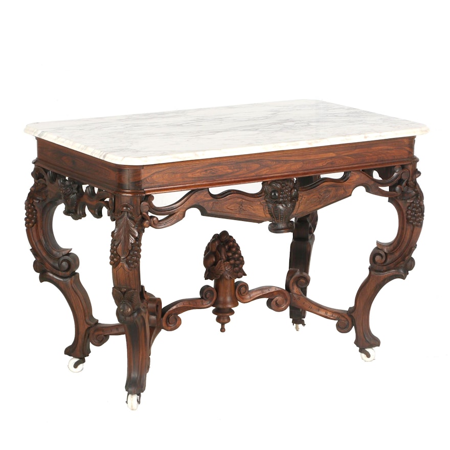Victorian Carved Rosewood Parlor Table with Marble Top