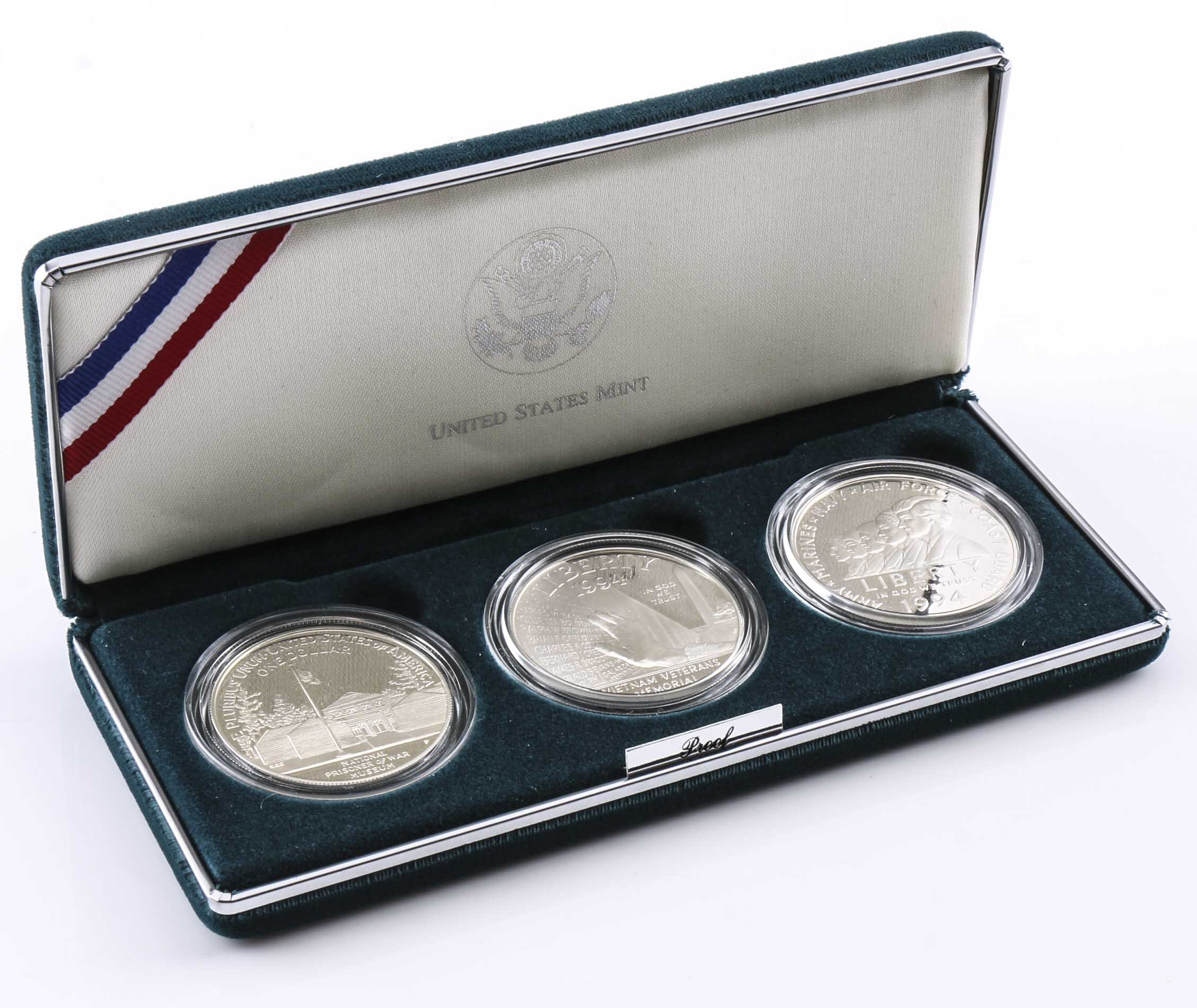 Set of Three U.S. Veterans Commemorative Proof Silver Dollars