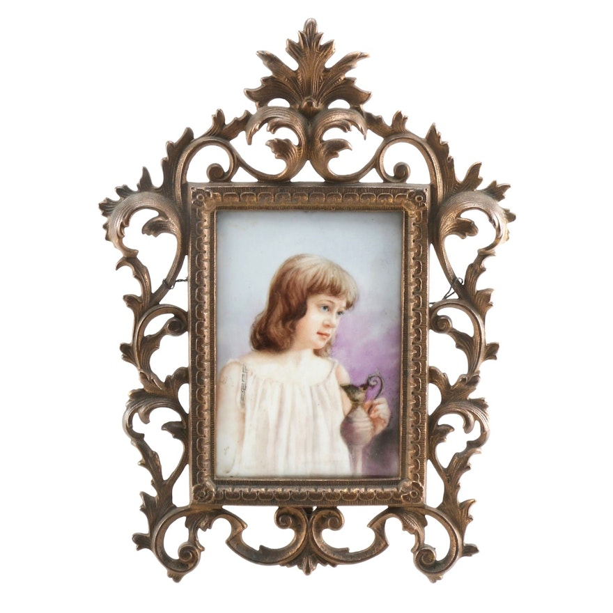 Limoges Hand Painted Portrait In Pierced Scrollwork Frame