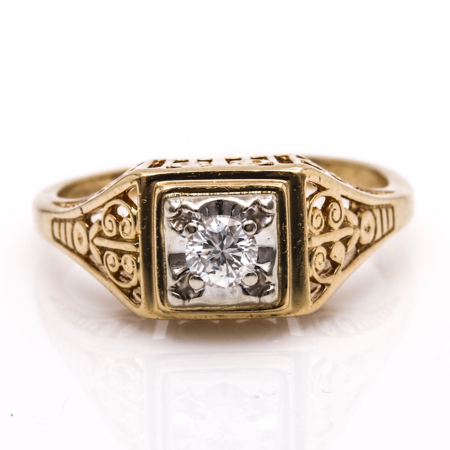 Antique 14K Yellow Gold Diamond Solitaire Ring