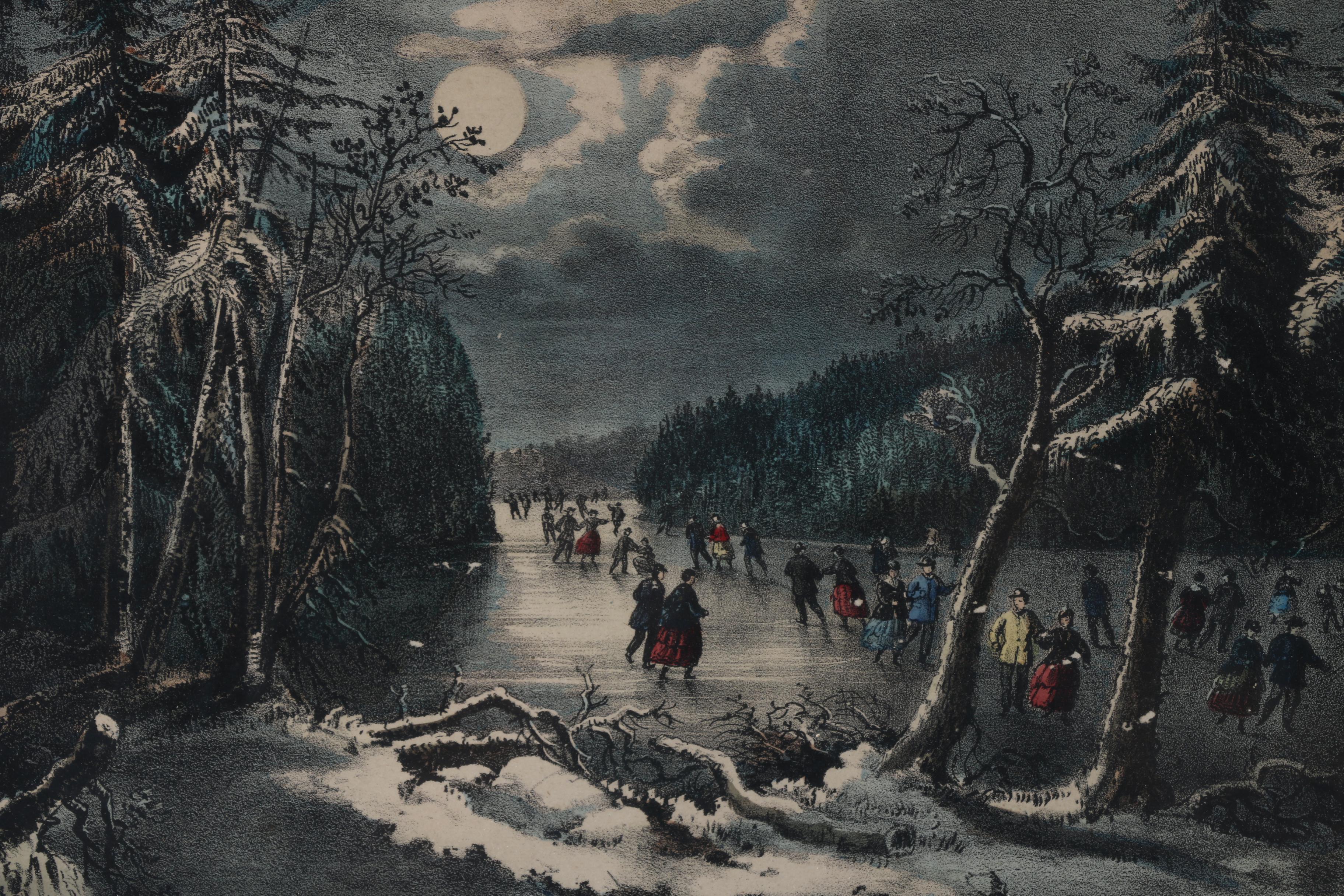 Currier & Ives Lithograph "Skating Scene - Moonlight"