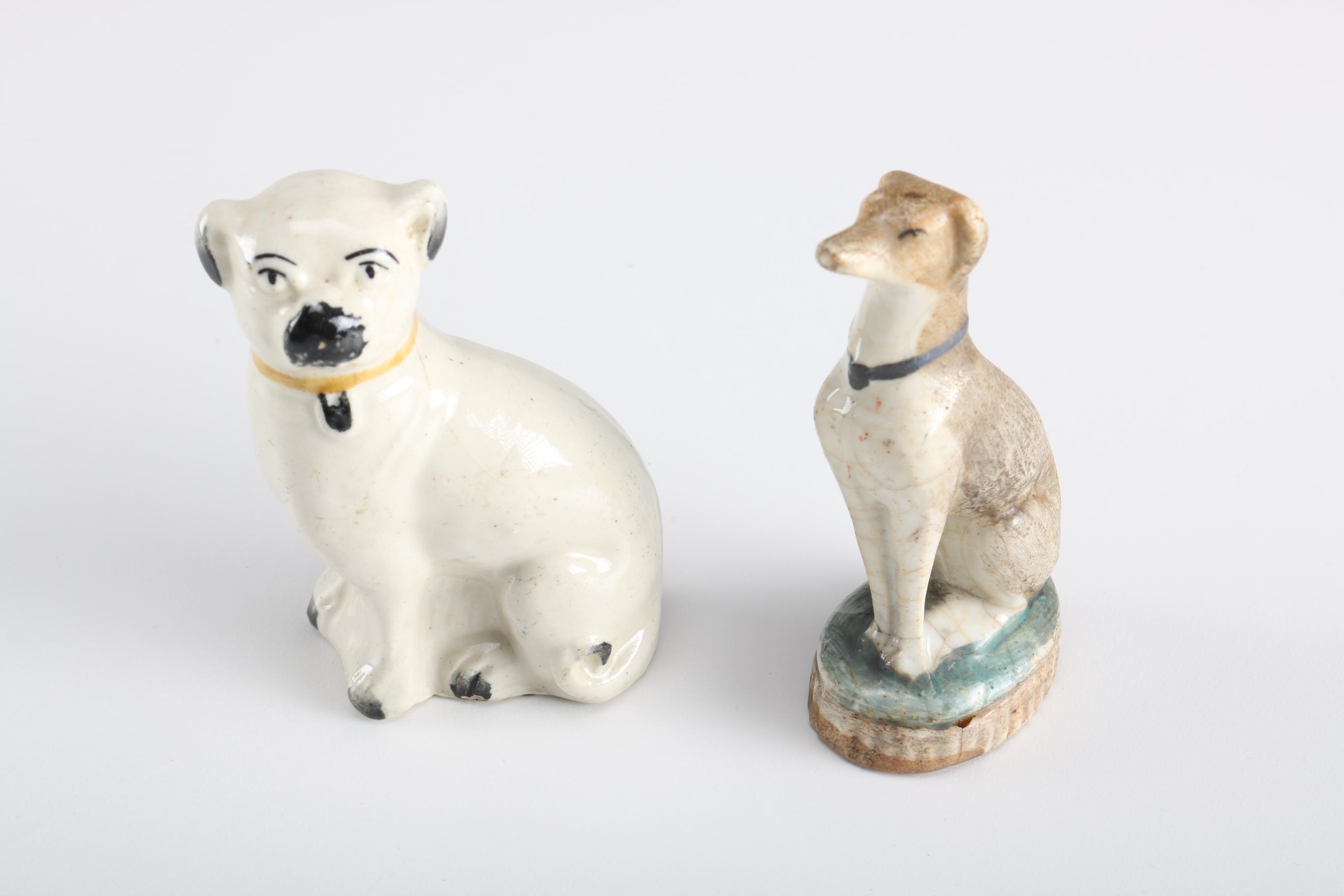 19th Century Staffordshire Miniature Whippet and Pug Dog Figurines