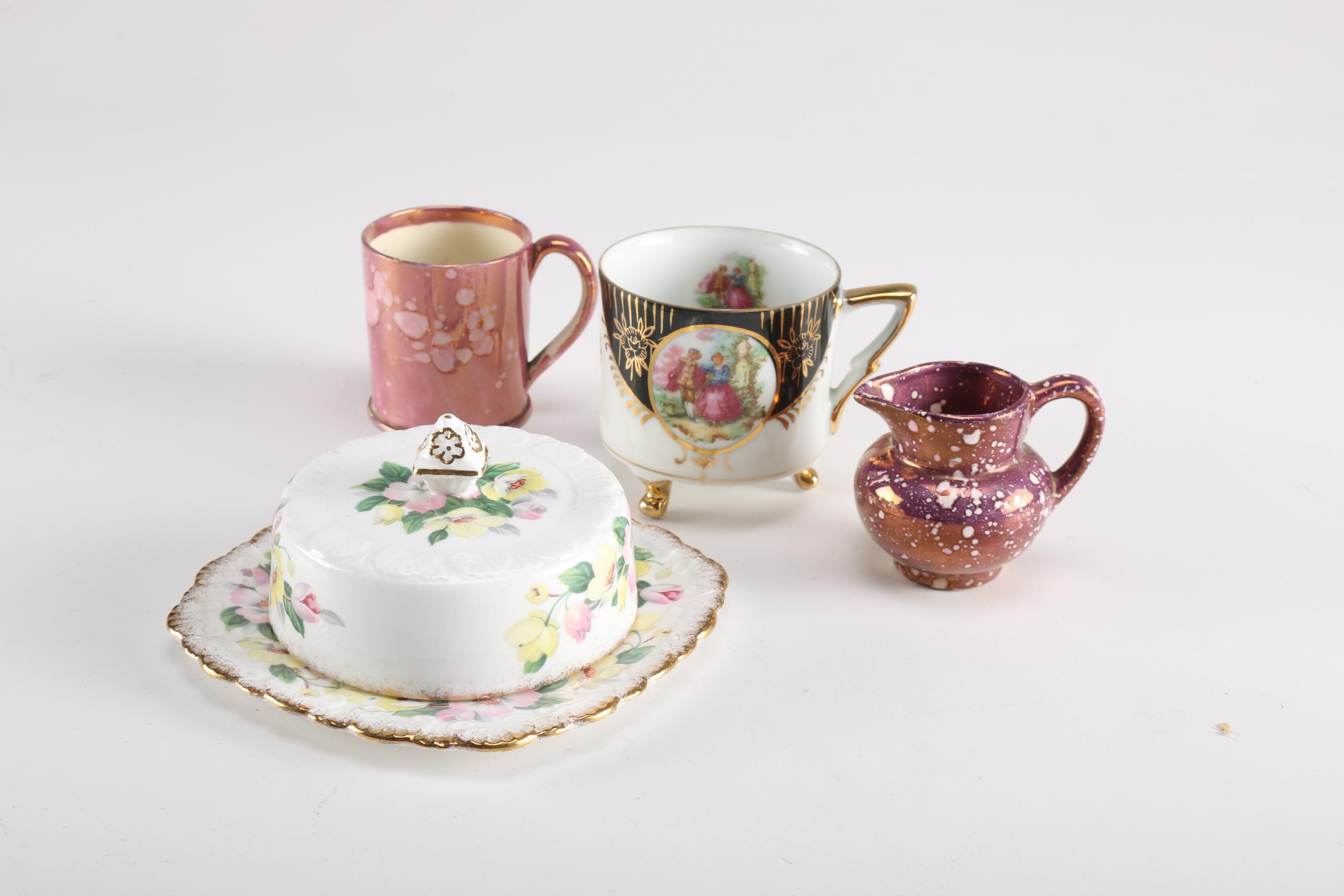 Antique Luster Decorated Earthenware Mug and Other European Pieces