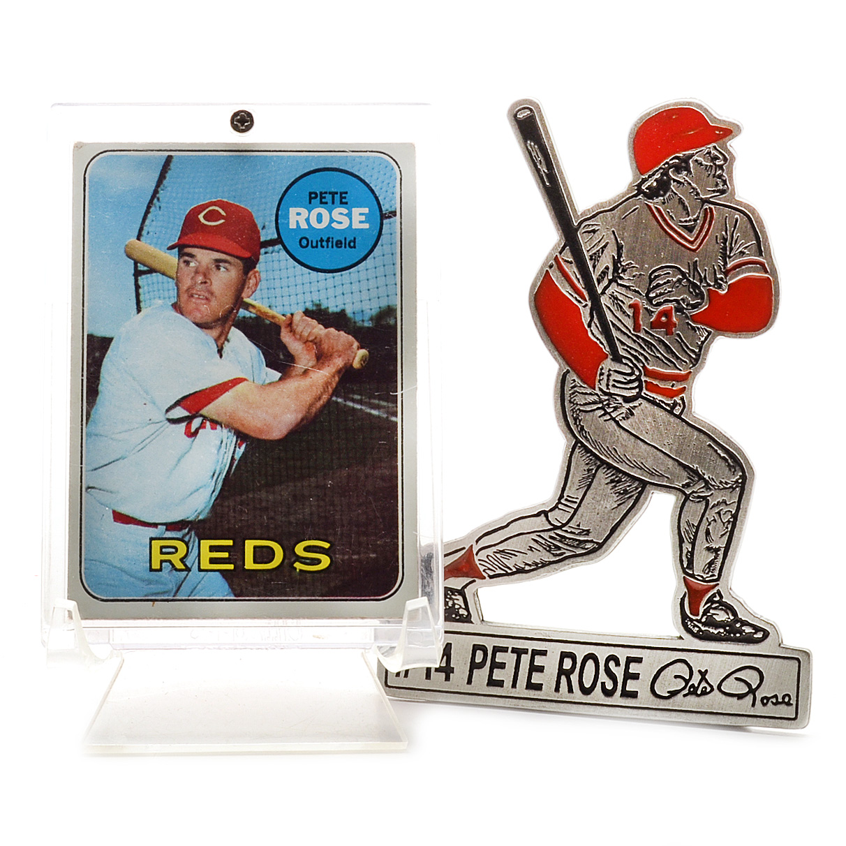 1969 Pete Rose Baseball Card and Pewter Statue