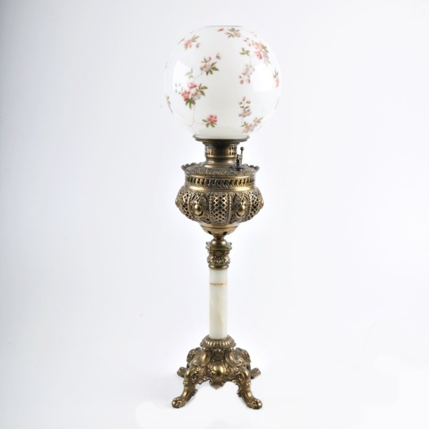 Antique Brass and Onyx Banquet Lamp