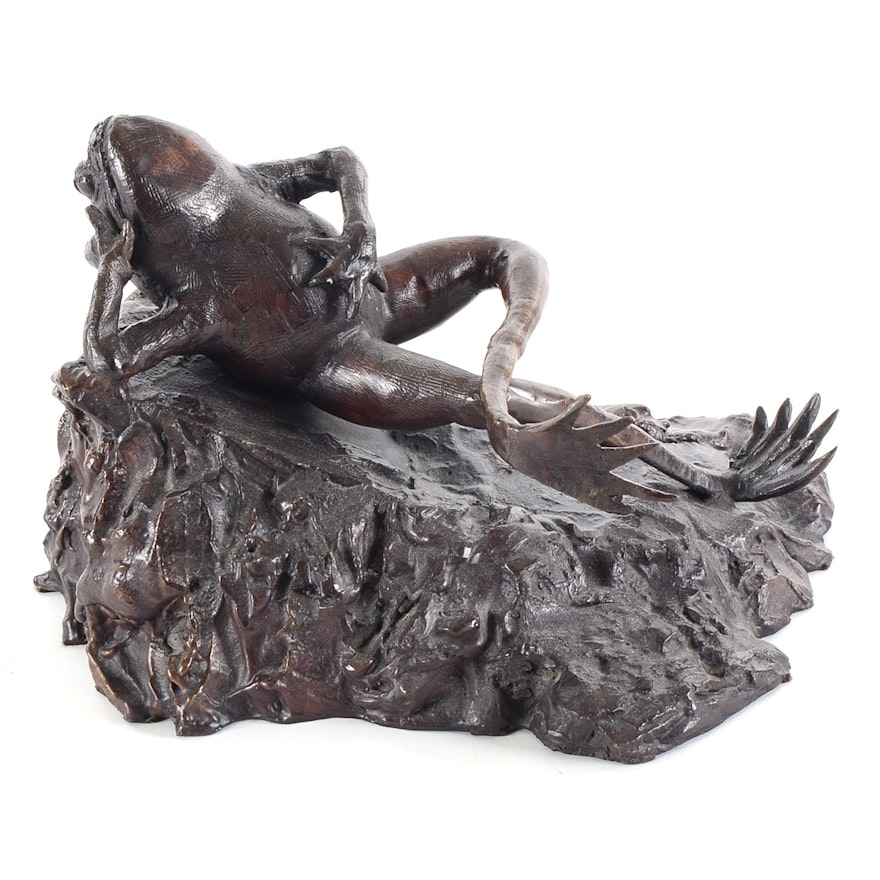 Bronze Reclining Frog Sculpture