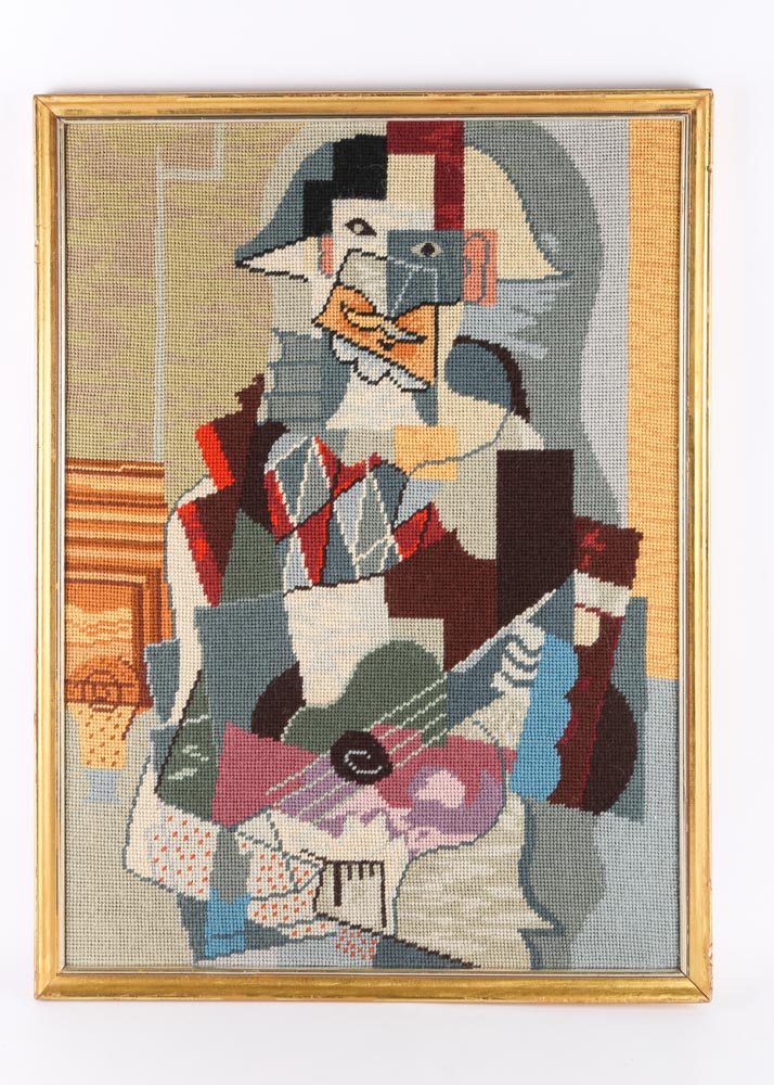 Vintage Framed Cubist Needlepoint After Picasso’s “Harlequin Playing a Guitar"