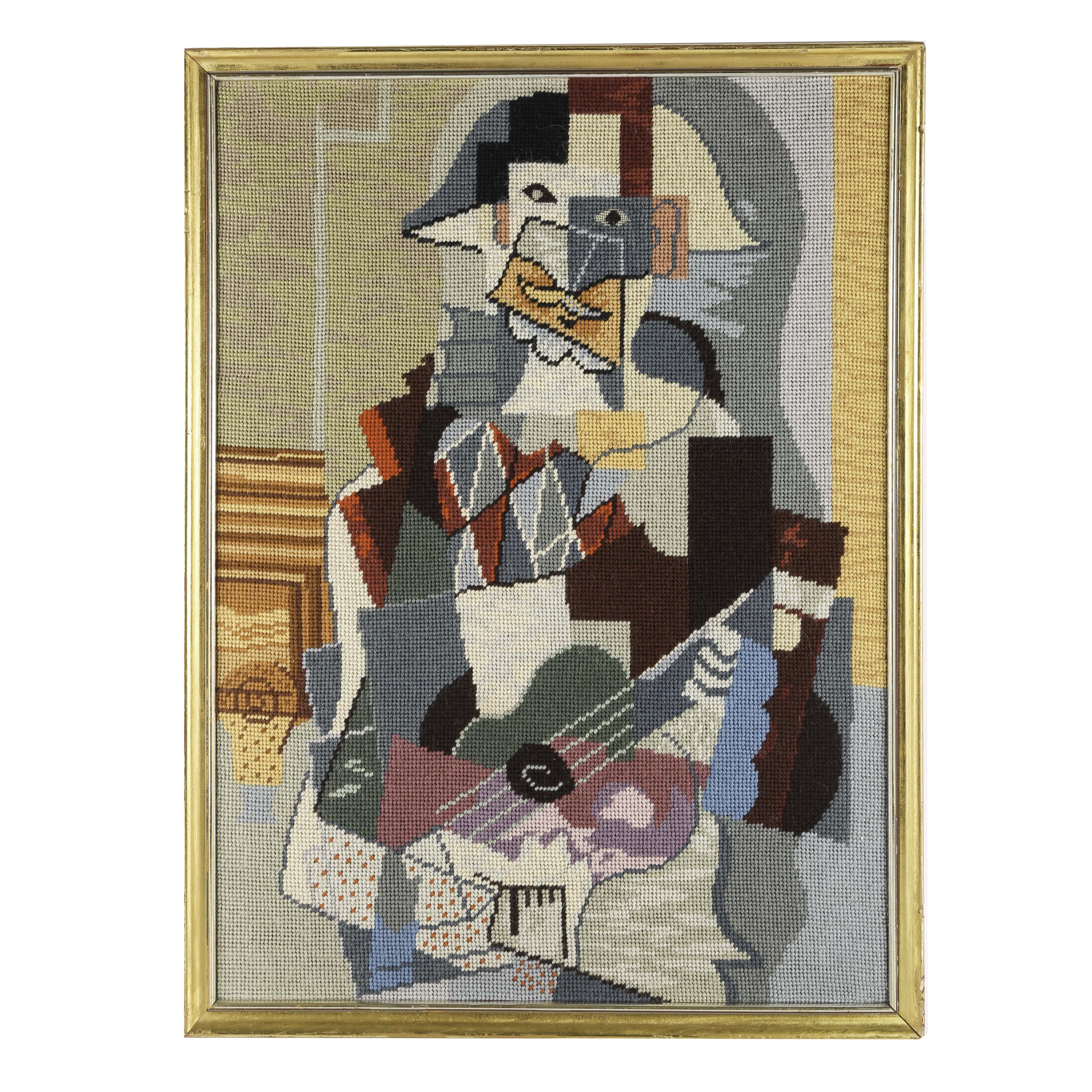 Vintage Framed Cubist Needlepoint After Picasso’s “Harlequin Playing a Guitar"