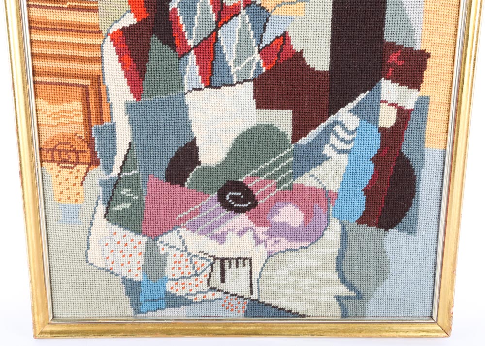 Vintage Framed Cubist Needlepoint After Picasso’s “Harlequin Playing a Guitar"