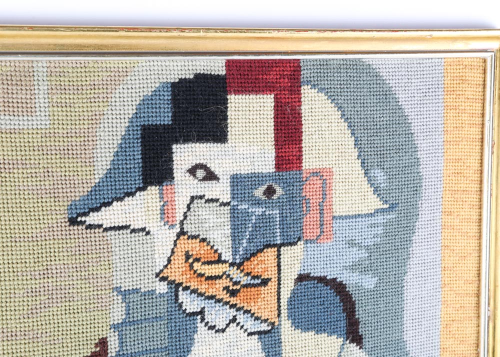 Vintage Framed Cubist Needlepoint After Picasso’s “Harlequin Playing a Guitar"