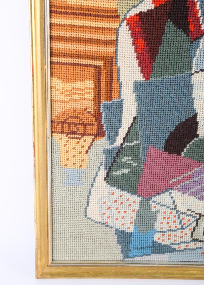Vintage Framed Cubist Needlepoint After Picasso’s “Harlequin Playing a Guitar"