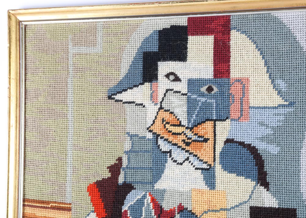 Vintage Framed Cubist Needlepoint After Picasso’s “Harlequin Playing a Guitar"